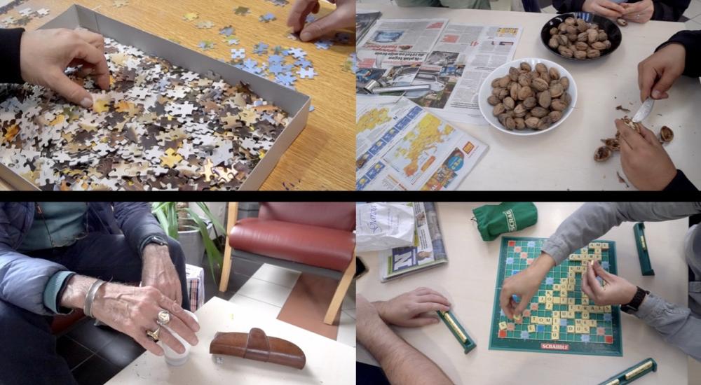 Collage of hands making puzzles and food